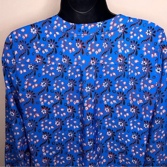 XS J Crew Blue Long Sleeve Blouse Vneck Red White Floral Boho Bohemian Colorful - Picture 5 of 13